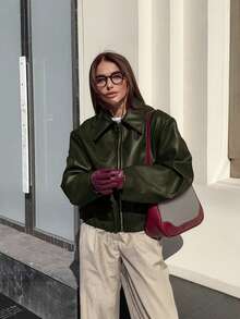 Áo khoác da phong cách xe máy cổ điển dành cho nữ, nhẹ, hoàn thiện mờ, khóa kéo, thời trang, mùa xuân - Màu xanh Ô liu - Xem 2