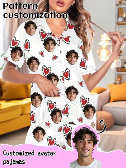 Conjunto de pijama de cárdigan de manga corta personalizado para mujer, se puede imprimir cualquier patrón, pijamas personalizados con fotos, imágenes divertidas y personalizadas, ropa de dormir cómoda. Adecuado para el Día de San Valentín, cumpleaños, regalos y otras ocasiones, personalizado, colorido, lindo, ingenioso, único, exclusivo, regalo ideal para la novia, adecuado para la novia, la familia, los amigos, los mayores, de moda para el otoño, fiesta de vacaciones