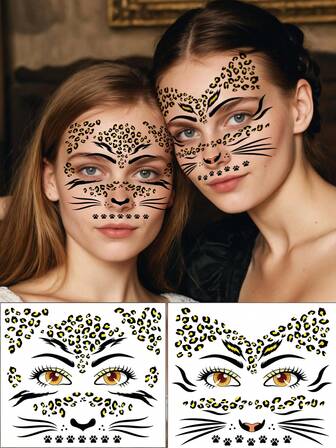 2pcs Vintage Gold Foil Leopard Print Face Stickers, Realistic Leopard Pattern Suitable For Festivals, Gatherings, Parties, Daily Personalized Decoration, Role Playing, Performances, Temporary Tattoo Stickers, Y2K Christmas And Other Holiday Beauty Decorations, Suitable For Both Men And Women