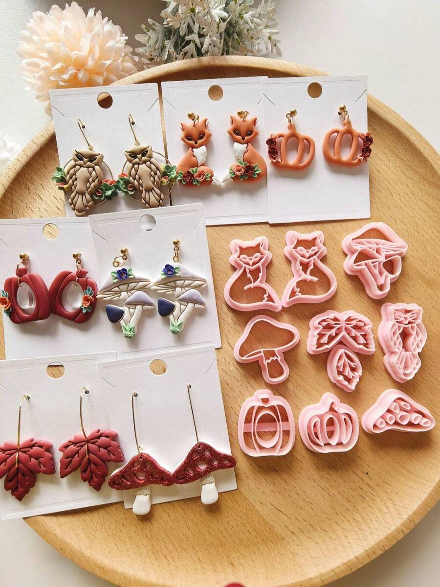 Autumn Fox, Pumpkin, Maple Leaf, Mushroom Soft Clay Molds, High Precision Cutting Molds For DIY Creative Decorations Like Earrings, Brooches, Pendants, Keychains, Handmade Polymer Clay Earring & Pendant Making Kit, Holiday Gift