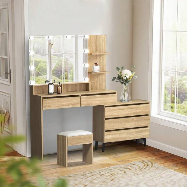 SUN YEE Dressing Table Stool Set Makeup Mirror Cabinet Natural