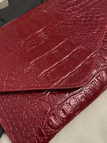 Bolsa envelope minimalista com aba e estampa de crocodilo em cor sólida, em PU moderno e casual - Borgonha - Ver 9