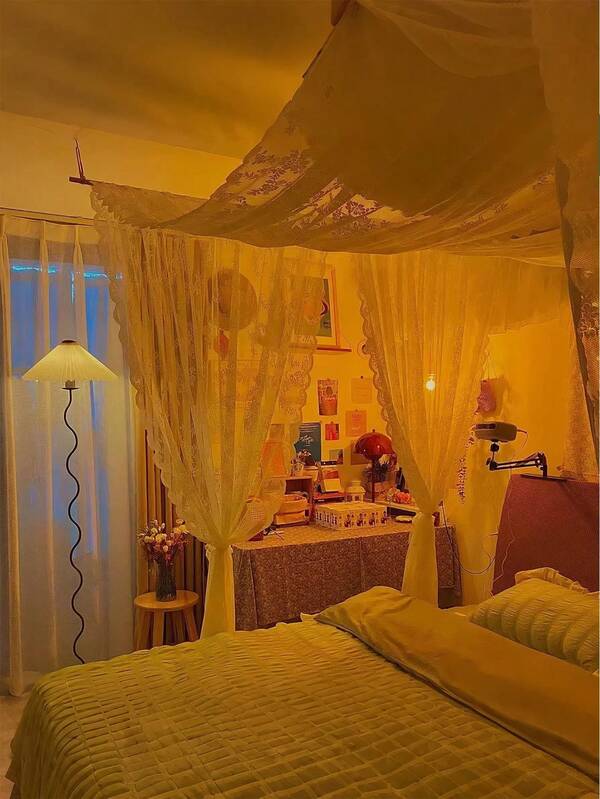 1pc Elegant White Lace Curtain, Suitable For Outdoor Gazebo, Wedding Party, Living Room And Bedroom, French Romantic Voile Fabric, Adjustable Bedding And Lace, Fits Full/Queen Size Bed