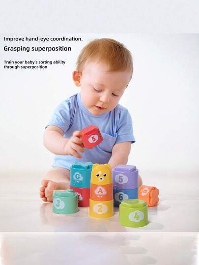 1set Bear Number Round Stack Cup Letter Recognition Assignment Toy, Kindergarten Learning Tool, Parent Child Interactive Puzzle Toy For Boys, Girls, Christmas, Halloween, Thanksgiving, Birthday Party (Random Color)
