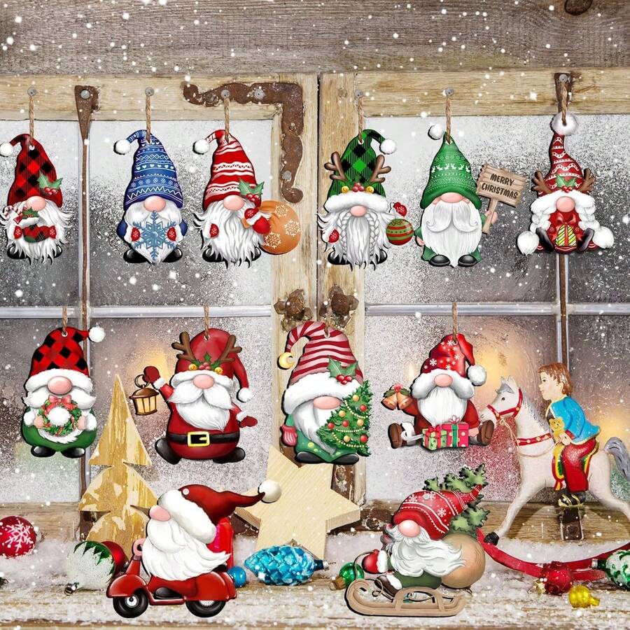24pcs Christmas Gnome Wooden Hanging Ornaments With Strings, Wood Hanging Decor For Christmas Tree Decoration, Gnome Santa Doll Wooden Hanging Craft Gnome Elf Party Supplies