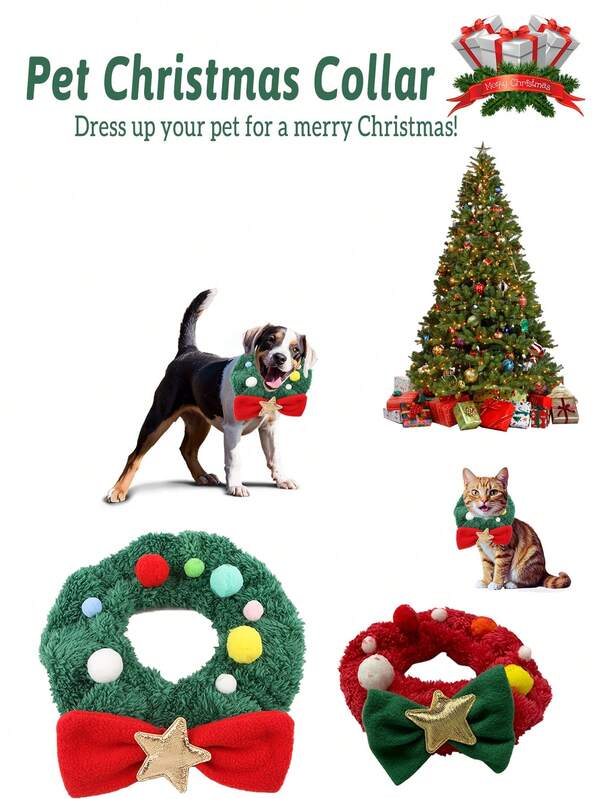 Collar navideño para mascotas, bufanda navideña cómoda para mascotas, baberos ajustables para perros, accesorios esponjosos y lindos para gatos, collar con moño para mascotas, cómodo y fácil de usar, limpio, para usar en fiestas, como accesorios para sesiones de fotos, suministros para perros y gatos pequeños