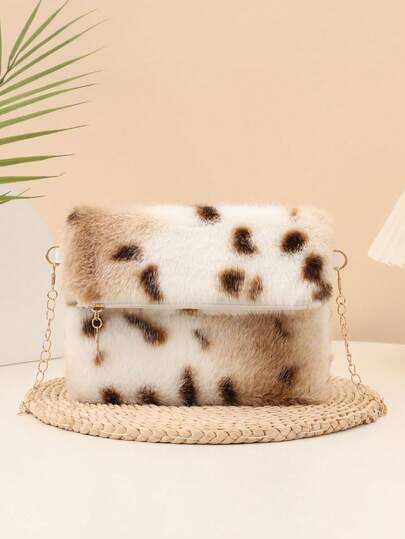 Autumn/Winter New Women's Oblique Shoulder Bag, Fashionable & Versatile Fluffy Women's Shoulder Bag, Printed Pattern Metal Chain Furry Bag, Women's Wallet And Phone Bag, Cute & Elegant Coin Purse, Casual For Shopping