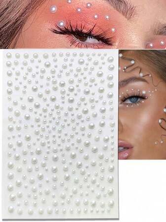 3D 珍珠面部珠宝眼影贴纸，自粘珍珠贴纸，DIY 珍珠面部装饰贴纸，面部身体眉毛钻石指甲贴纸钻石装饰，用于面部、化妆、手臂的珍珠亚克力水钻贴纸