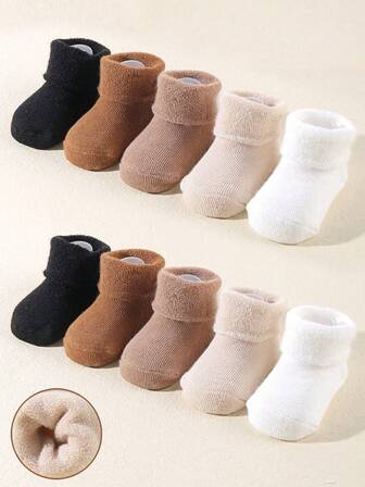 5 Pairs Cute Solid Color Rich Terry Turn Cuff Socks, Autumn Winter Warm Baby Preemie Socks, Unisex Boys Girls Newborn Premature Terry Socks, Black/White/Beige/Khaki/Brown, Halloween Christmas Xmas Gift