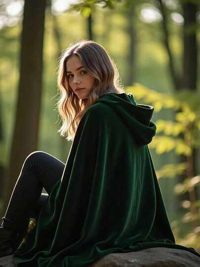 1pc Emerald Green Velvet Cloak, Plush Fabric Cloak For Halloween Party Stage Costume