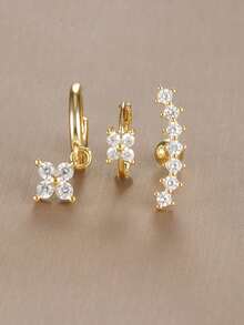Juego de 3 pendientes de flor de circonita de acero inoxidable para mujeres, aretes de aro hipoalergénicos chapados en oro de 18K para el trago, hélix y cartílago, joyería para uso diario - Oro-15 - Ver 3