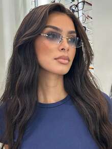 1 pieza Gafas de mujer con montura metálica sin marco de color gris oscuro, con forma ovalada y borde metálico, adecuadas para uso diario, elegante para vestir en verano, playa, vacaciones, al aire libre, viajes, estilo preppy para volver al colegio - Gris degradado - Ver 3