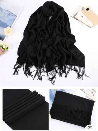 1条纯色休闲优雅商务派对涤纶（聚酯纤维）仿羊绒保暖围巾，带流苏，适合秋冬季节，柔软保暖，可搭配连衣裙。