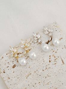 1Pair Gorgeous Gold - Plated Pearl & Cubic Zirconia Drop Earrings - Ideal For Daily Wear, Banquets, Gatherings, Weddings - Bridal Pearl Earrings