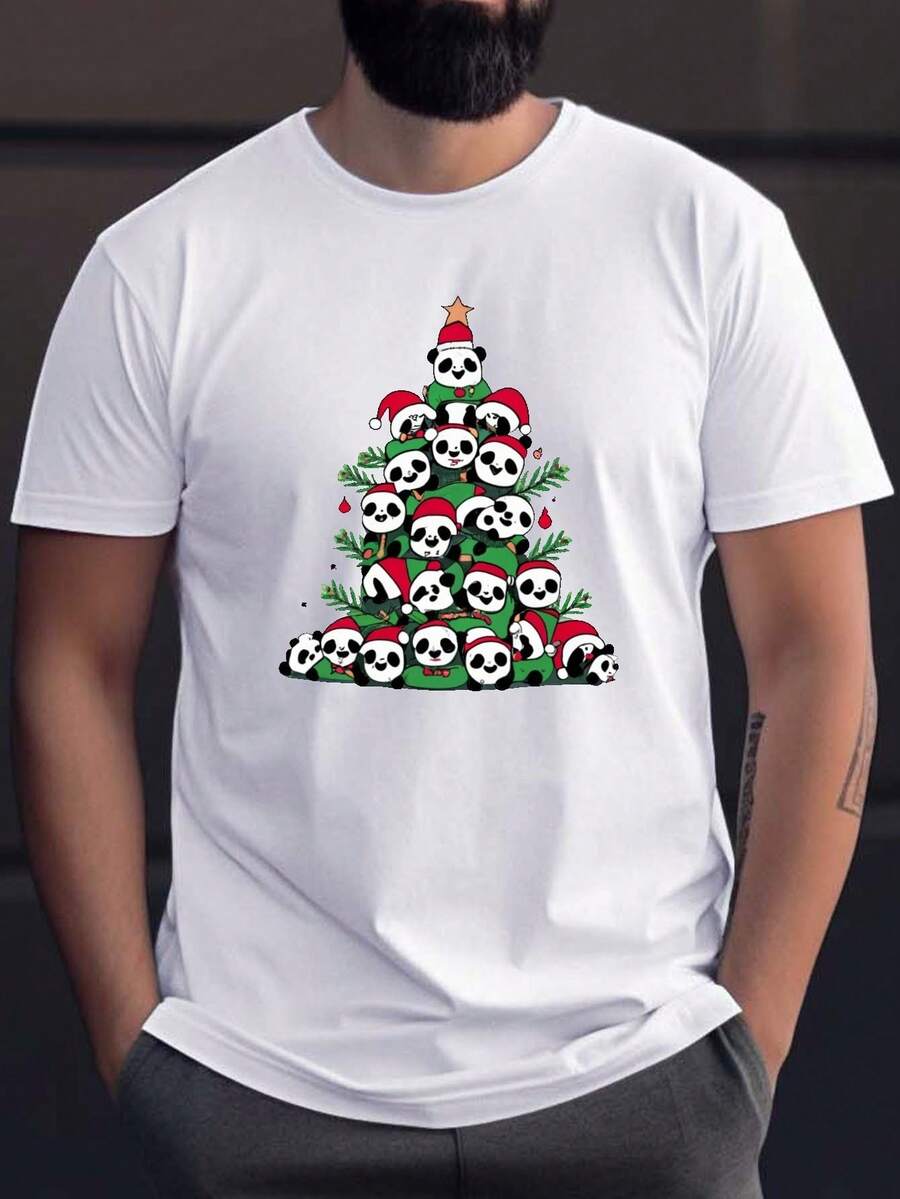 Christmas Tree Panda Print T-Shirt, Men's Casual Short Sleeve Summer T-Shirt 2025 - trắng - Xem 1