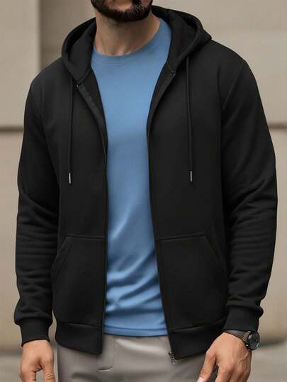 男士拉链连帽衫长袖纯色休闲连帽运动衫，带口袋，秋冬