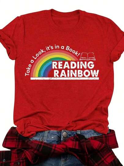 Women's T-Shirt Fitted Tops Print Y2K Crew Neck Tee-Plus Size - Women'S Red T-Shirt - Reading Rainbow Graphic Tee With Book Design - Casual Everyday Shirt For Teachers, Book Lovers - Valentine'S Day & Back To Outfits - Soft Everyday Top, Teacher Apparel, Playful Design, Comfortable Fit-Summer Festival Fashion, Adult Heavyweight T-Shirt