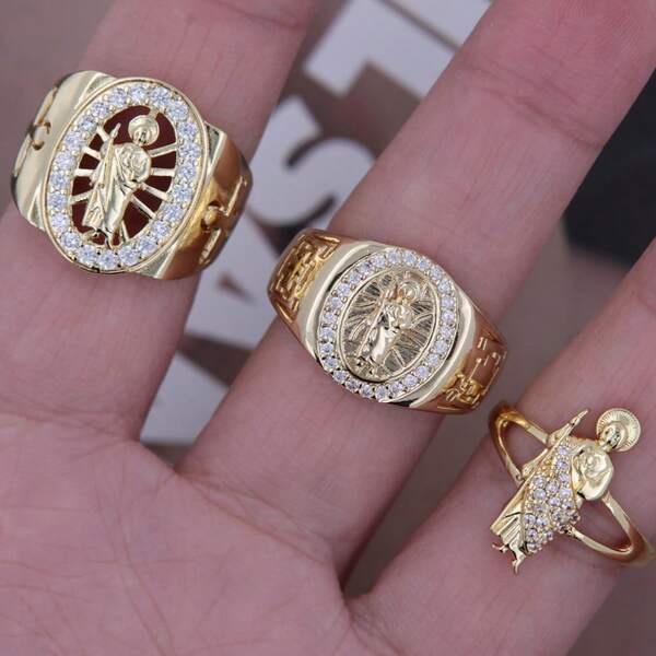 Gold St. Jude Wide Band Ring, Copper Inlaid CZ, Fashionable & Stylish Open Ring For Men, Suitable For Casual Daily Wear