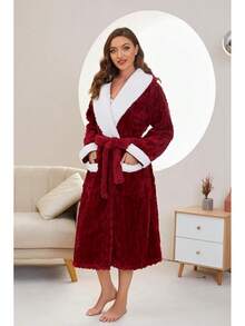 HEARTNICE Plush Long Hooded Robes Women, Soft Fluffy Womens Fleece Robe Thicker Warm Bathrobes - Burgundy - View 2