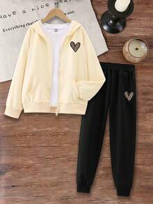Girls' Two Pieces Casual Suit With Leopard Heart Print, Zipper Sweatshirt And Leopard Heart Pattern Cuffed Sweatpants, Pants, Autumn And Winter Clothes, Suitable For Shopping, Party, Sports, Travel, Party And School, Teen Girls' Clothing, Suit