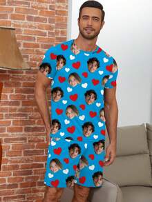 Conjunto de pijama personalizado para hombres de Printstory, personalizado con cualquier patrón, regalo personalizado único, adecuado para familia, amigos, fiestas festivas - Azul - Ver 3