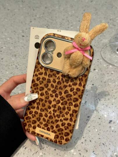 Funda de teléfono de cuero con estampado de leopardo 3D y lazo de conejo compatible con iPhone 17 Pro Max/17 Pro/17, 16 Pro Max/16 Pro/16, 15 Pro Max, 14 Pro/14, Nuevo 13, diseño de dibujos animados lindo para mujeres