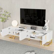TV Unit, Lowboard With Structured Doors, TV Stand, Gold Handles And Gold Legs. - White + Particle Board + 70-79 Inches - View 9