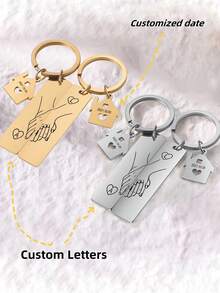 1 Pair Customized Creative Couple Keychain - Customizable Name And Date, Handshake And House Shaped Design, Stainless Steel Material, Couple Anniversary Gift, Housewarming, Christmas/Halloween, Valentine's Day - 1 Pair Heart Pendant, Customizable Text On Back (Men's Fashion Accessory), Women's Jewelry, Customized Keychain, Housewarming Gift - Multicolor - View 1