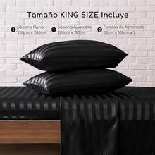 MR&Juego de Sábanas de Satén 4pzas, Sabanas Matrimonio Satín Sedosas Lujosas Suaves, con Sábana de Cajón Ajustable Bolsillo Profundo para Colchones Matrimoniales (Matrimonial, Negro) CVMD - Negro Rayado - Ver 7