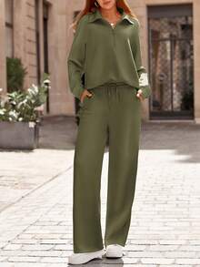 Women's 2 Piece Outfits Casual Lapel Half Zip Sweatshirts And Wide Leg Pants Tracksuit Sets Vacation Spring  Fall Outfits For Women - 軍綠色 - 查看 1