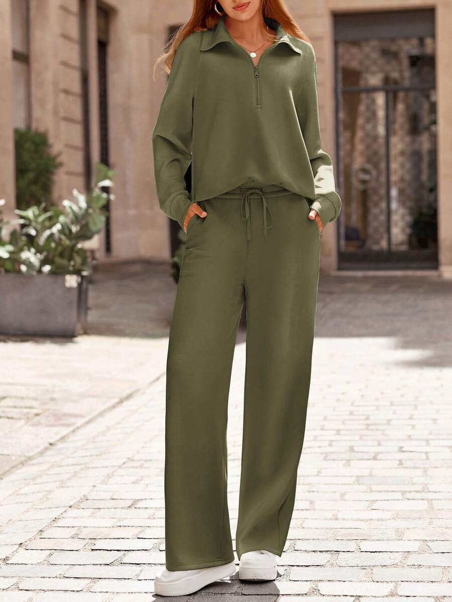 Women's 2 Piece Outfits Casual Lapel Half Zip Sweatshirts And Wide Leg Pants Tracksuit Sets Vacation Spring Fall Outfits For Women - 軍綠色 - 查看 1