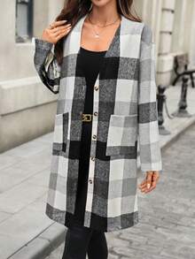 Nowy damski kardigan w czarno-białą kratę, swobodny, wygodny, ciepły i uniwersalny wełniany płaszcz z kieszeniami, odpowiedni na jesienno-zimowe codzienne dojazdy do pracy
