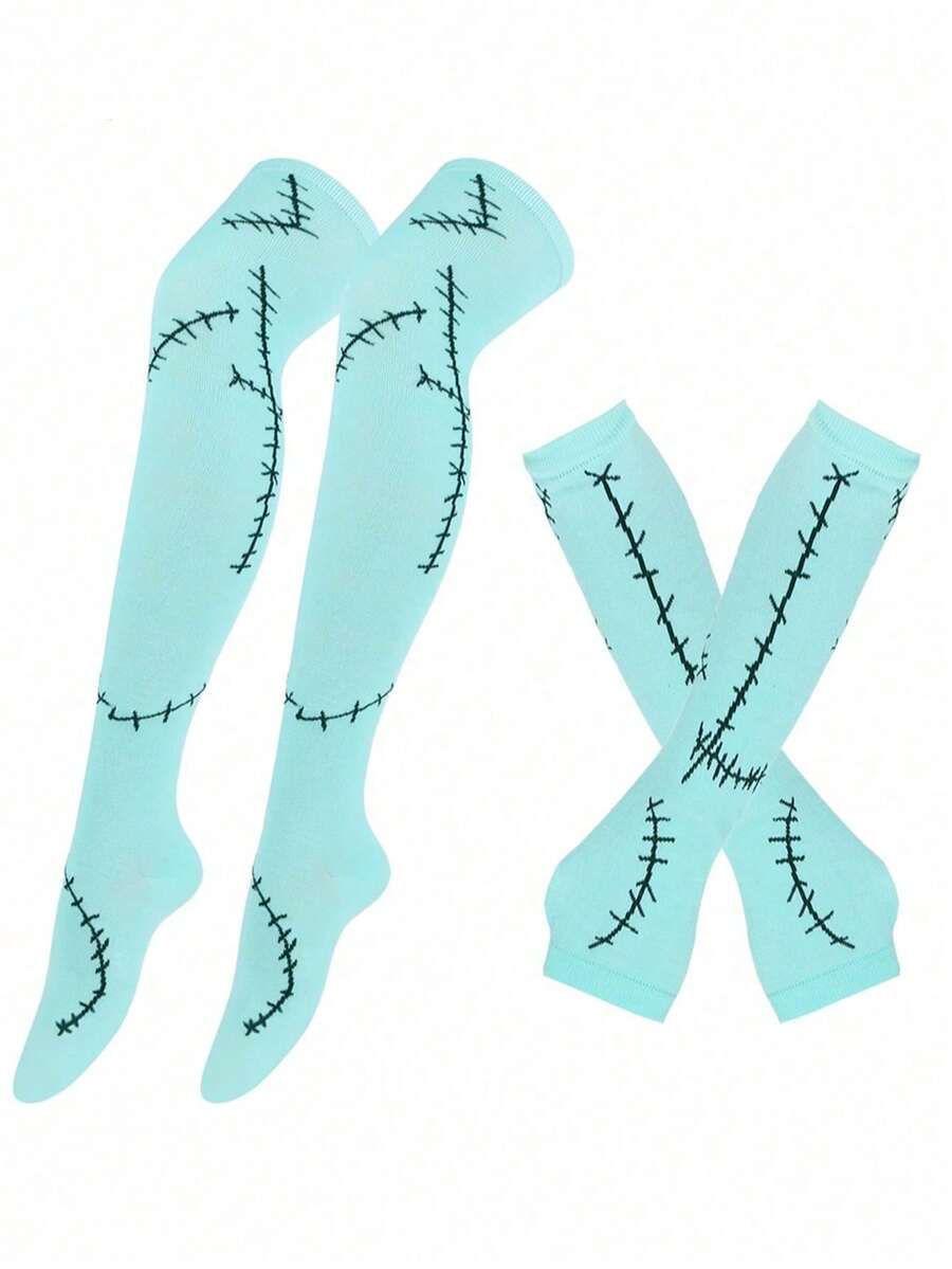 2 Stück/4 Stück Sally Socken und Handschuhe, Halloween Kostüme, Halloween, Sally Kostüm, Halloween Strümpfe, Zubehör perfekt für Verkleidung und Rollenspiel, hochwertige Sally Kostüm Socken und Handschuhe Set, ideal für Halloween Partys und thematische Veranstaltungen