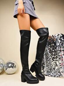 Fall/Winter Women's Elastic Thigh-High Waterproof Platform Chunky Heel PU Over-The-Knee Boots, Round Toe Fashion Motorcycle Combat Punk Boots For Party