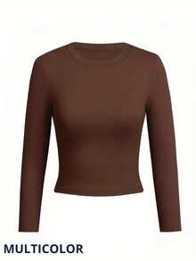 Set de 3 camisetas afelpadas para mujer, multicolor, clásicas y elegantes, colores lisos, sin estampados, tela de poliéster, con interior afelpado ligero, suave y cálido, ideales para temperadas de otoño, invierno e inicios de primavera, cuello redondo, con manga larga. Silueta ajustada para resaltar mejor tu figura. Te llagarán 3 camisetas afelpadas, una en color negro y 2 en colores al azar. - Multicolor - Ver 5