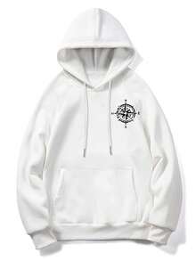 K-GLORY 男士罗盘与渡鸦元素宽松袋鼠口袋连帽卫衣，引领时尚，秋冬款 - 白色 - 查看 5