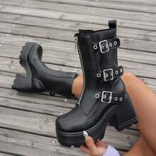 秋冬女士搭扣前拉链时尚中筒靴，金属朋克风粗跟厚底高跟靴 - 黑色 - 查看 9