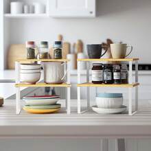 2PCS Large Kitchen Organizer Multi-Function Stackable Anti-Slip Cabinet Shelf For Pantry Counter Storage Christmas Gift, Home Decor, Party & Christmas Storage - Màu be - Xem 5