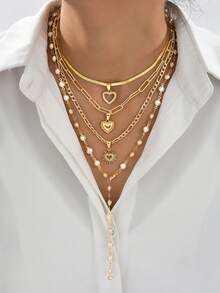 4 件时尚优雅金色心形仿珍珠多层 Y 型项链，是度假、约会、派对、生日等场合送给女性的完美礼物 - 金黃色 - 查看 2