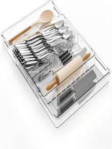 Yieach Clear Expandable Silverware Drawer Organizer - Adjust From 11'' To 22'' - Knife,Cutlery,Spoons And Forks Organizer,Large 8 Grid Flatware,Silverware Tray,Utensil Organizer For Kitchen Drawers - ColorC - 查看 1