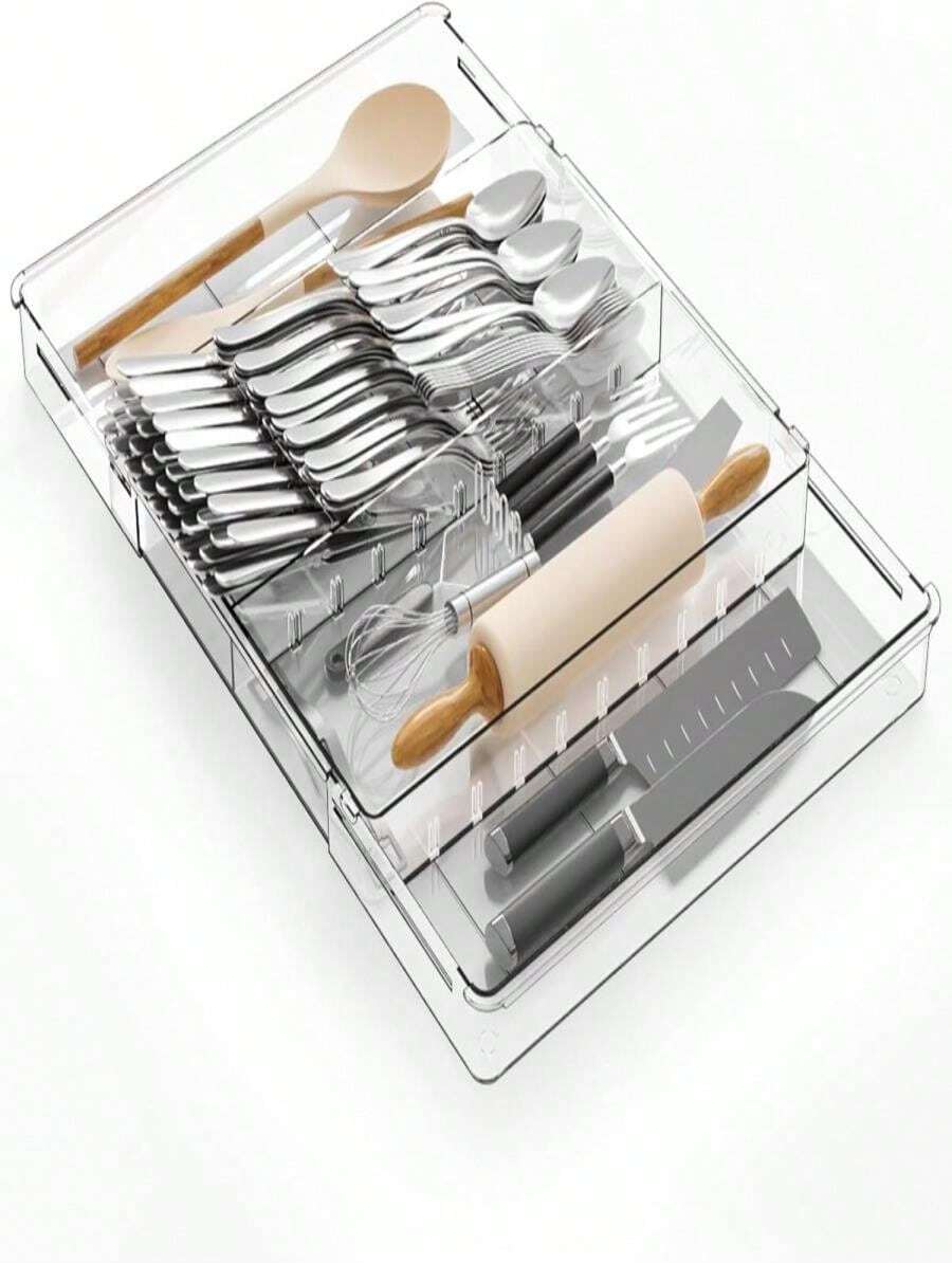 Yieach Clear Expandable Silverware Drawer Organizer - Adjust From 11'' To 22'' - Knife,Cutlery,Spoons And Forks Organizer,Large 8 Grid Flatware,Silverware Tray,Utensil Organizer For Kitchen Drawers - ColorC - 查看 1