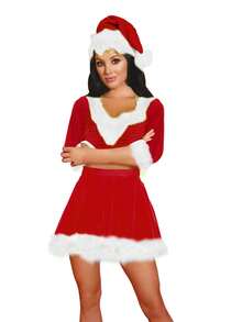 Women's Christmas Santa  Green Monster Cosplay Costume Dress Plush Patchwork Half Sleeve V-Neck For Party - Red - View 3