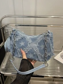 1 件蓝色尼龙面料光滑拉链星星印花装饰金属链带时尚休闲斜挎包，适合女性日常使用，秋冬新品 - 藍色 - 查看 10