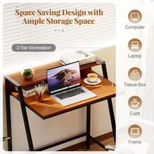 GOFLAME Computer Desk With Monitor Stand,80 Cm Small Desk Compact Desk With Ample Storage Space, 2-Tier Workstation Desk, Space-Saving Study Writing Table Dressing Table With Trapezoidal Structure For Home Office - Brown - View 6