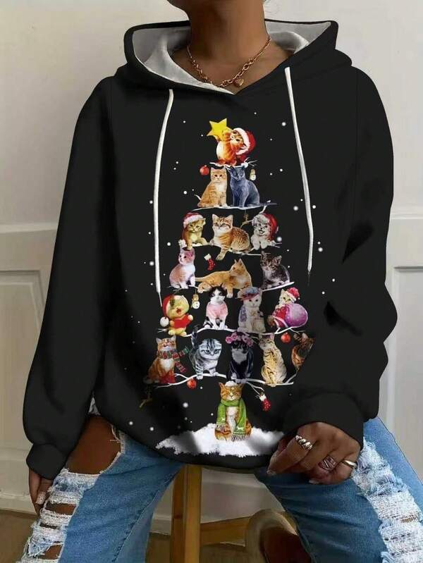 New Women's Stylish Casual Elegant Christmas Print Long-Sleeve Hooded Sweatshirt