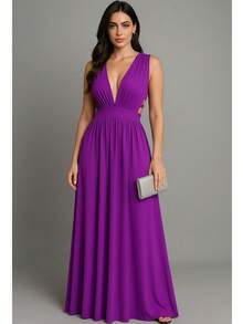 Cheap Bridesmaid Dress For Party Guests, Reception, Graduation, Without Shine, Open On The Side - Morado - Ver 1