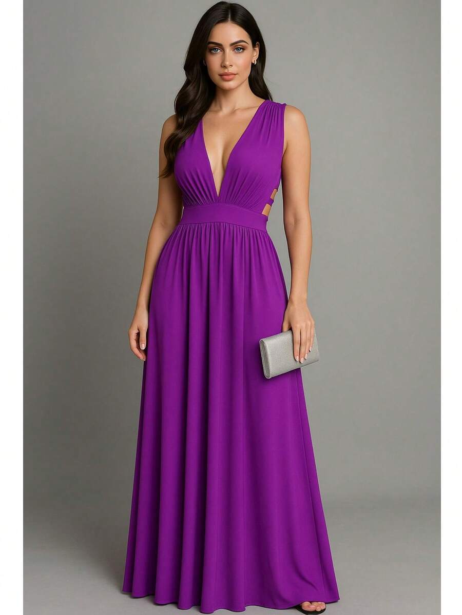 Cheap Bridesmaid Dress For Party Guests, Reception, Graduation, Without Shine, Open On The Side - Morado - Ver 1
