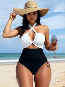 Traje De Baño De Una Pieza Para Mujer Con Correa De Cuello Halter,Para Vacaciones En La Playa - Blanco - Ver 1