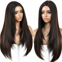 26 英寸 Yaki 直发假发 中分分层假发 女士合成纤维发质 脸部框架分层剪裁假发 长直发假发 渐变棕色分层鲍勃假发 棕色/金色 别致时尚的分层渐变假发 日常生活或派对用假发