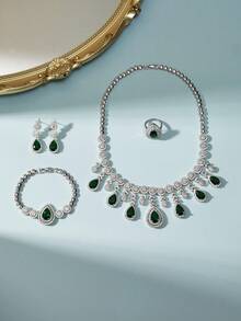 5件套奢华首饰套装：项链、耳环、戒指、手链，饰以粉色水滴形人造锆石，适合中东派对、宴会、日常佩戴、搭配礼服、婚礼等场合。 - 四件套 - 查看 5